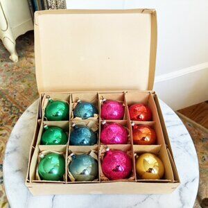 Vintage Box of 12 Christmas Glass Ball Ornaments Austria Rainbow Pink Green Blue
